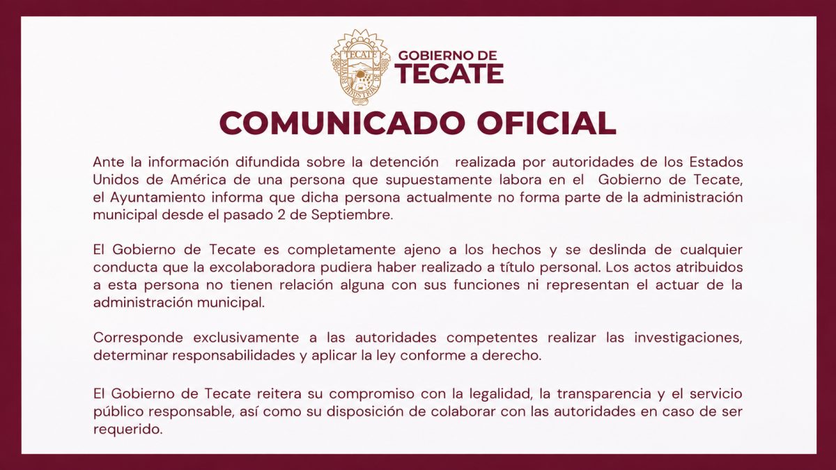 Tecate deslinda al municipio de detención de excolaboradora por narcotráfico