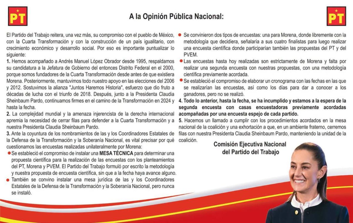 PT acusa a Morena de incumplir acuerdos en encuestas y abre una grieta en la alianza rumbo a 2027